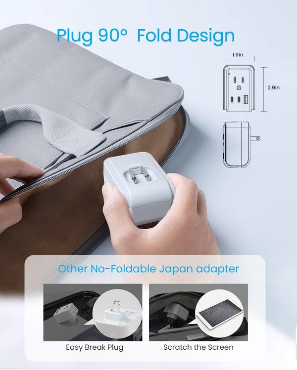 2 Pack US to Japan Plug Adapter, VINTAR Foldable Japan Travel Adapter with 2 Outlets and 3 USB Ports(2 USB C), 2 Prong to 3 Prong Outlet Adapter for USA to Japan China Canada Philippine, Type A - Image 2