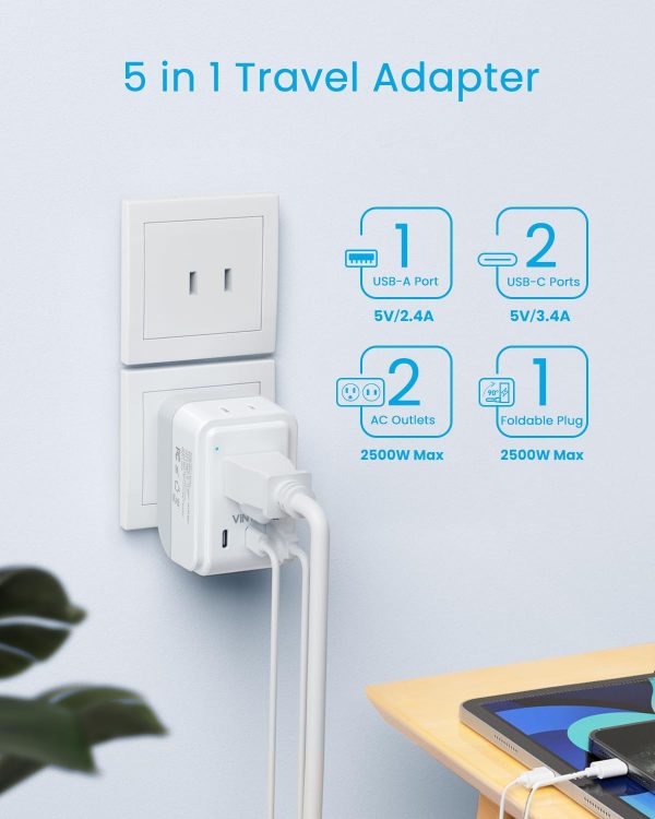 2 Pack US to Japan Plug Adapter, VINTAR Foldable Japan Travel Adapter with 2 Outlets and 3 USB Ports(2 USB C), 2 Prong to 3 Prong Outlet Adapter for USA to Japan China Canada Philippine, Type A - Image 4