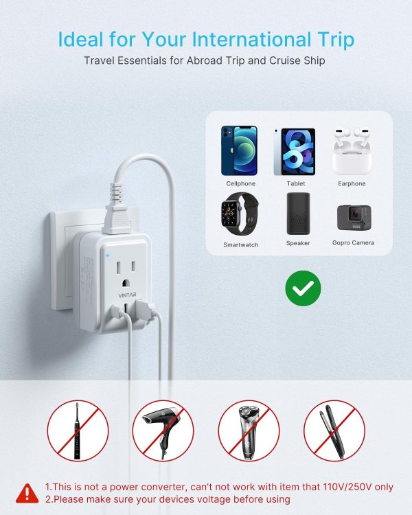 2 Pack US to Japan Plug Adapter, VINTAR Foldable Japan Travel Adapter with 2 Outlets and 3 USB Ports(2 USB C), 2 Prong to 3 Prong Outlet Adapter for USA to Japan China Canada Philippine, Type A - Image 6