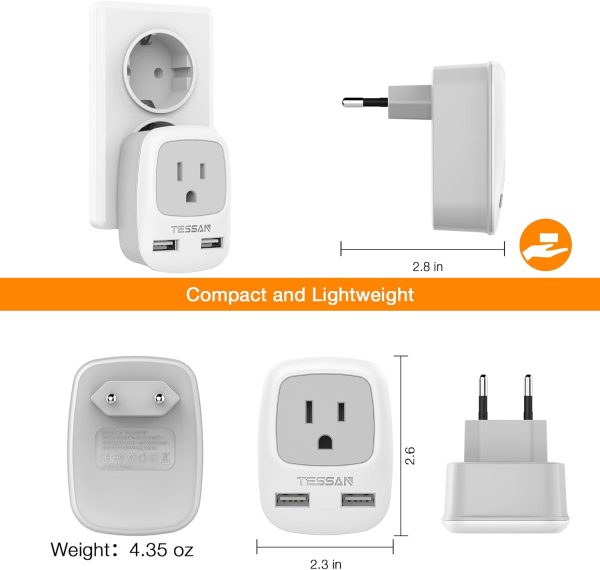 European Travel Plug Adapter 3 Pack, TESSAN International Power Adaptor 2 USB, Type C Outlet Adapter Charger USA to Most of Europe EU Spain Iceland Italy Germany France Israel - Image 6