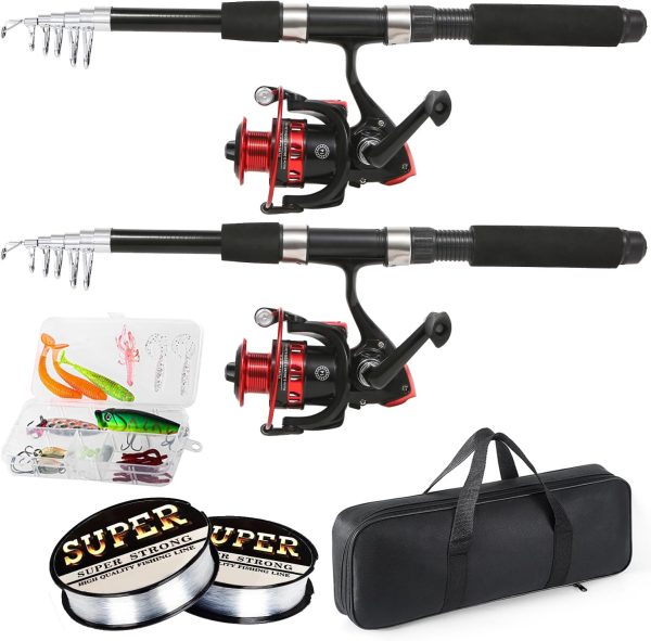 Fishing Rod, 6.9ft 2Pcs Telescopic Fishing Rods Set, Carbon Fiber Fishing Pole, 2PCS Spinning Rod and Reel Combo with Carrier Bag Freshwater Fishing Rod and Reel Combos Kits Fishing Gear