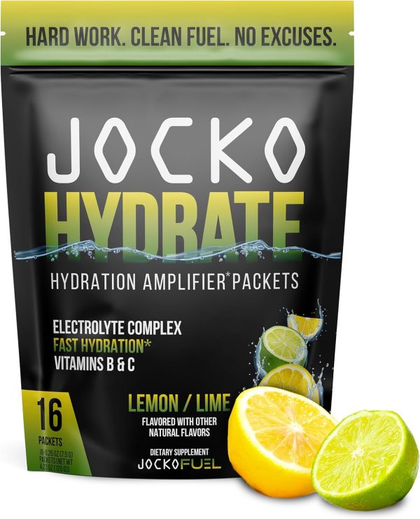 Jocko Fuel Hydrate Electrolytes Powder Packets Low Sugar - Hydration Amplifier Packets for Recovery, Dehydration, & Exercise - with Vitamins B6, B12 & C (16 Packets) Lemon Lime