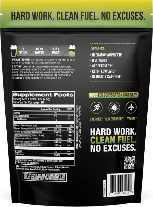 Jocko Fuel Hydrate Electrolytes Powder Packets Low Sugar - Hydration Amplifier Packets for Recovery, Dehydration, & Exercise - with Vitamins B6, B12 & C (16 Packets) Lemon Lime - Image 2