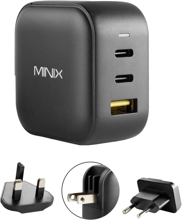 MINIX 66W Turbo 3-Port GaN Wall Charger 2 x USB-C Fast Charging Adapter, 1 x USB-A Quick Charge 3.0, Compatible with MacBook Pro Air, iPad Pro, iPhone 15/13/12 mini/11, Galaxy S9 S8 and More (NEO P1)