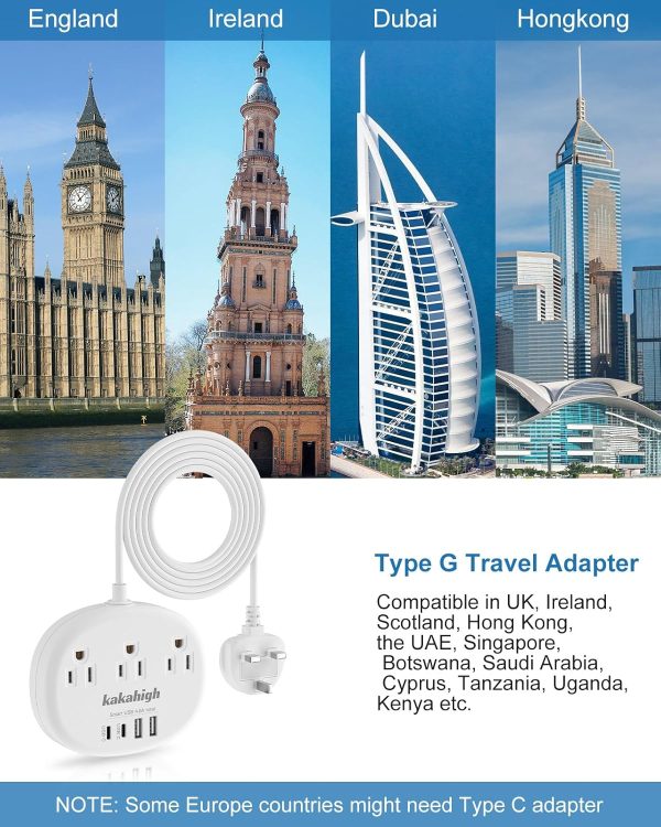 UK Adapters for Travel(13A), US to UK Plug Adapter with 3 Outlets 4 USB Ports (2 USB-C) Total Output 24W, Type G Travel Adapter and Outlet Converter for USA to British Ireland Scotland Hong Kong - Image 2