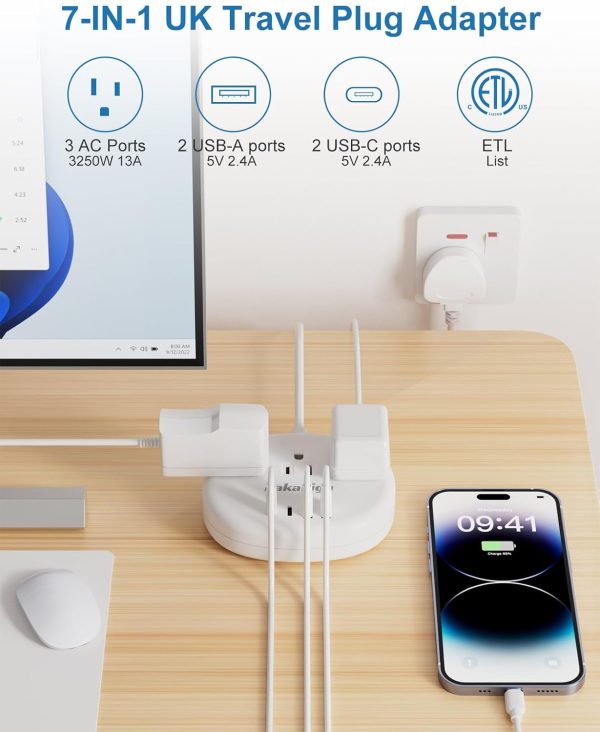 UK Adapters for Travel(13A), US to UK Plug Adapter with 3 Outlets 4 USB Ports (2 USB-C) Total Output 24W, Type G Travel Adapter and Outlet Converter for USA to British Ireland Scotland Hong Kong - Image 6